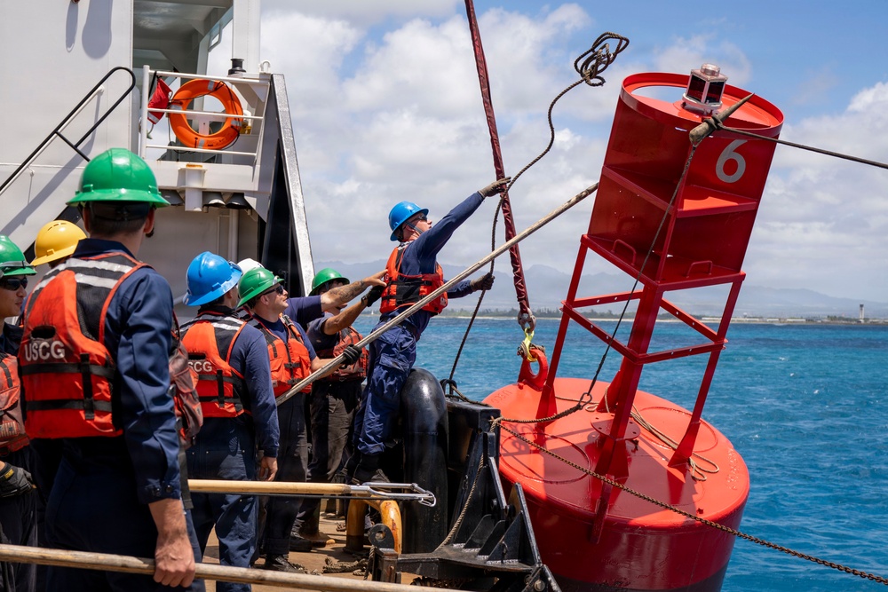 Partner nations participate in a buoy restoration project during RIMPAC 26