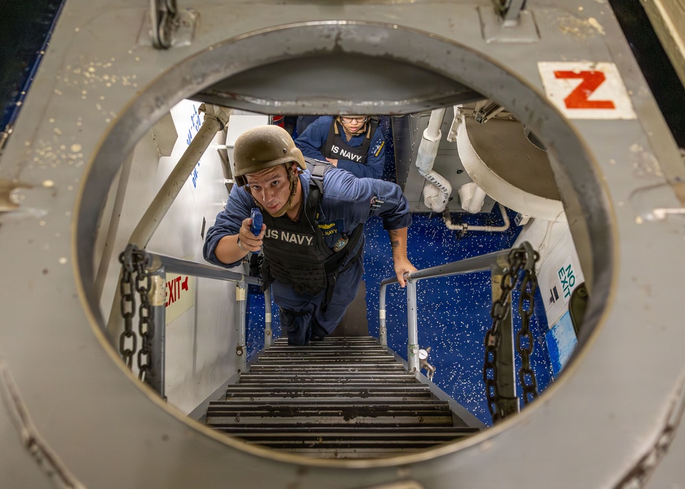 U.S. Navy Sailors Conduct Shipboard Security Drill