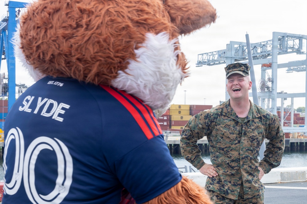 New England Mascot Slyde the Fox Visits USS Arlington