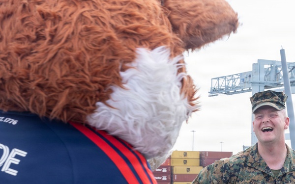 New England Mascot Slyde the Fox Visits USS Arlington