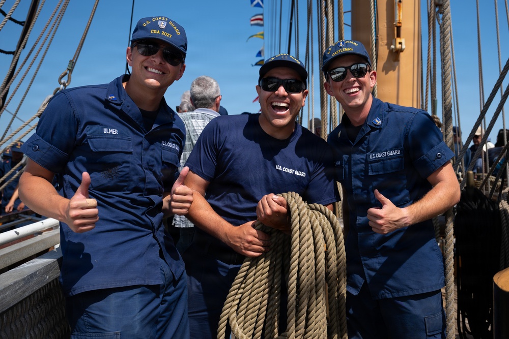 US Coast Guard Cutter Eagle sails into Boston during Sail250