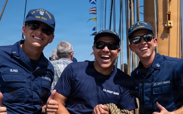 US Coast Guard Cutter Eagle sails into Boston during Sail250