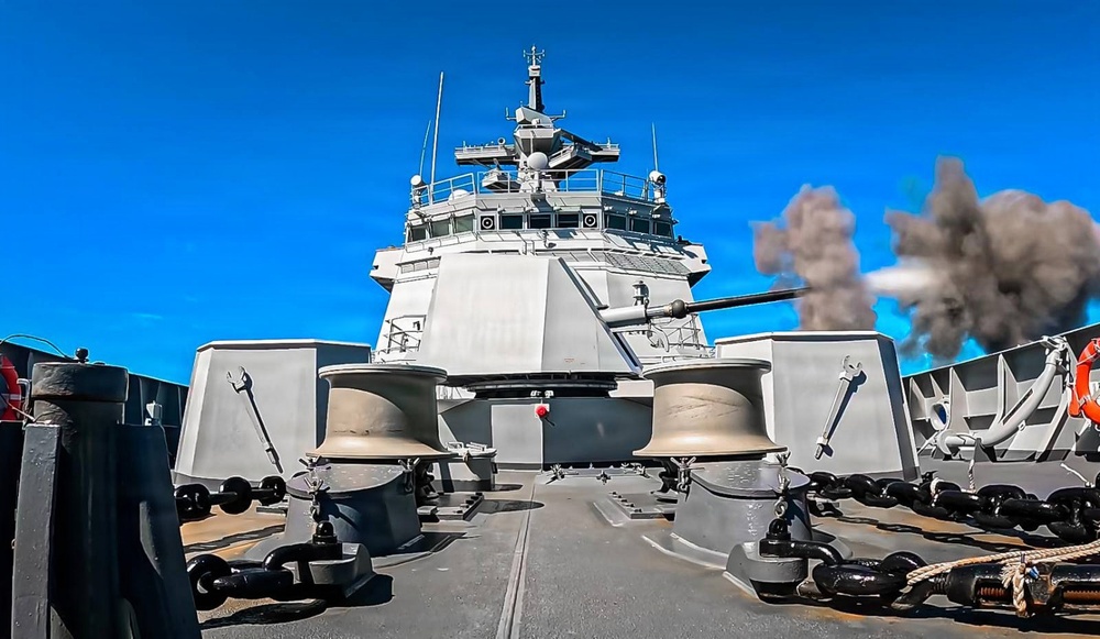 Philippine Navy Miguel Malvar fires its 76 mm main gun for a Naval Surface Fire Support during RIMPAC 26