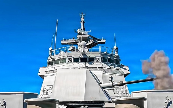Philippine Navy Miguel Malvar fires its 76 mm main gun for a Naval Surface Fire Support during RIMPAC 26