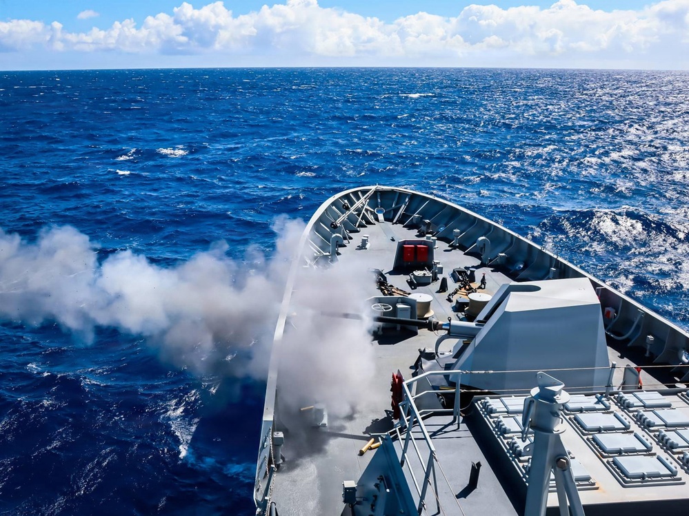 Philippine Navy Miguel Malvar fires its 76 mm main gun for a Naval Surface Fire Support during RIMPAC 26