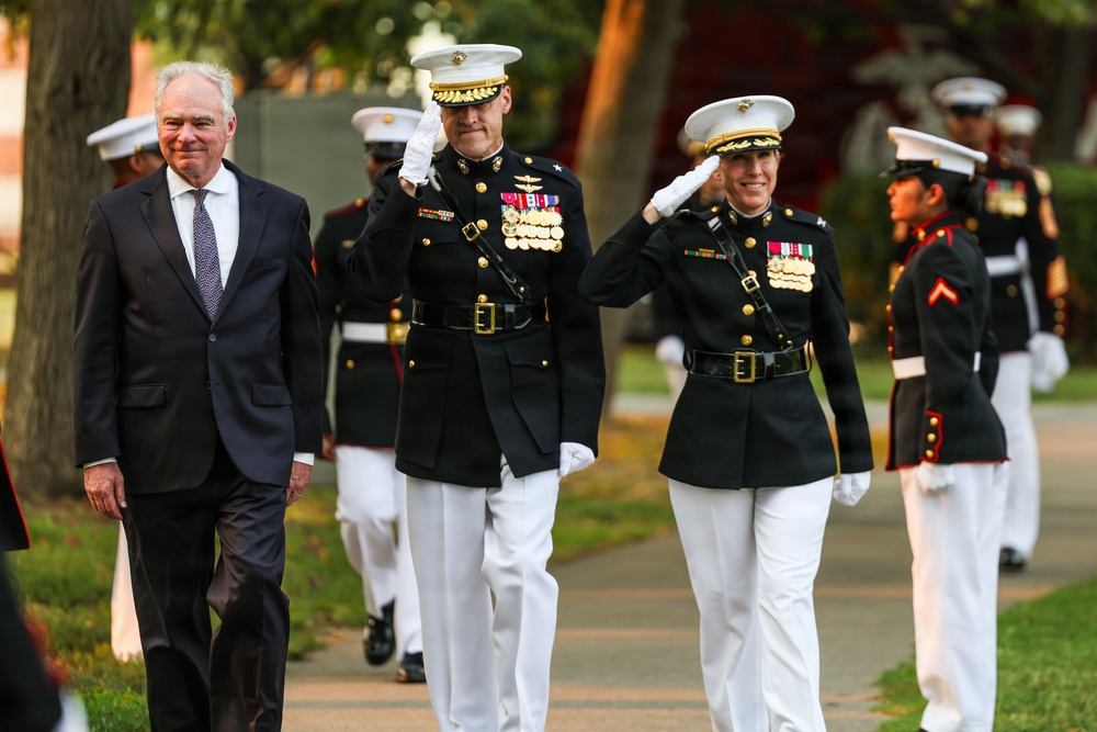Brig. Gen. Shannon M. Brown hosts the Honorable Tim Kaine at Marine Barracks Washington's Sunset Parade