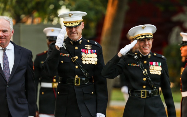 Brig. Gen. Shannon M. Brown hosts the Honorable Tim Kaine at Marine Barracks Washington's Sunset Parade