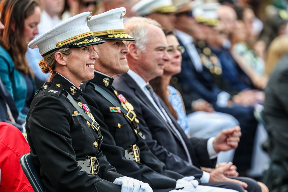 Brig. Gen. Shannon M. Brown hosts the Honorable Tim Kaine at Marine Barracks Washington's Sunset Parade