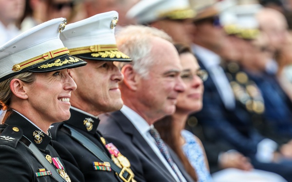 Brig. Gen. Shannon M. Brown hosts the Honorable Tim Kaine at Marine Barracks Washington's Sunset Parade