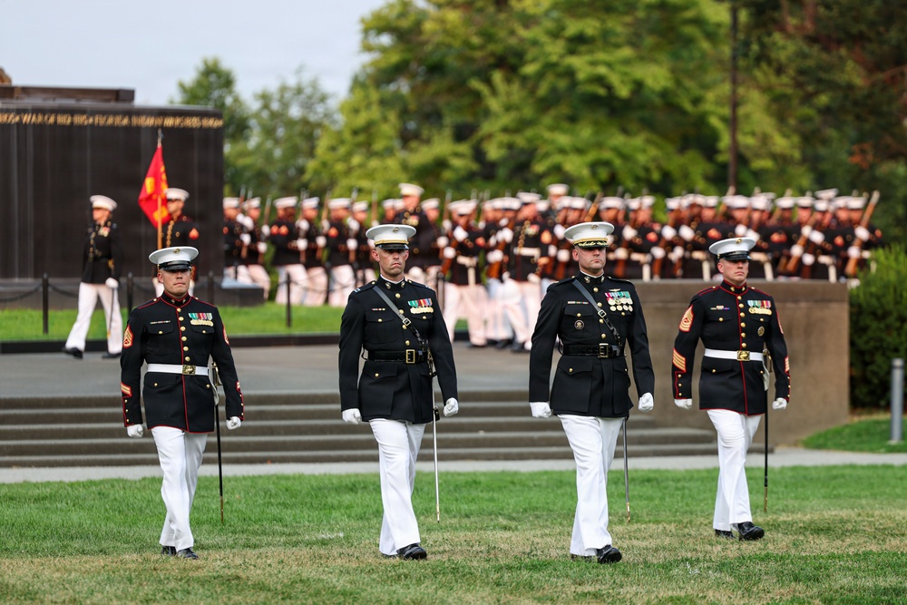Brig. Gen. Shannon M. Brown hosts the Honorable Tim Kaine at Marine Barracks Washington's Sunset Parade