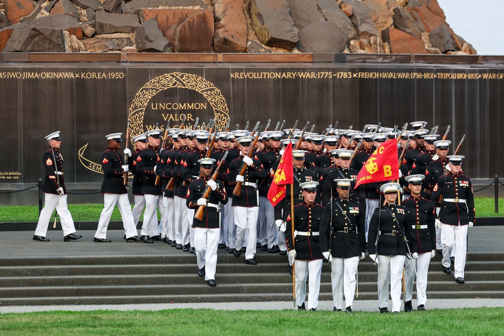 Brig. Gen. Shannon M. Brown hosts the Honorable Tim Kaine at Marine Barracks Washington's Sunset Parade
