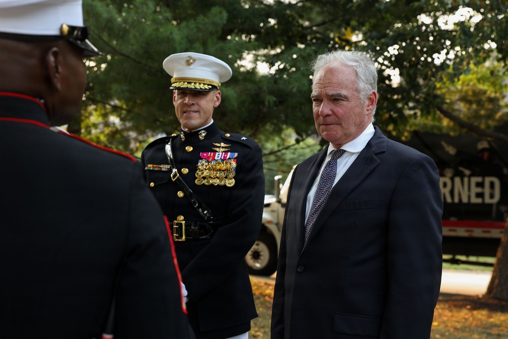 Brig. Gen. Shannon M. Brown hosts the Honorable Tim Kaine at Marine Barracks Washington's Sunset Parade