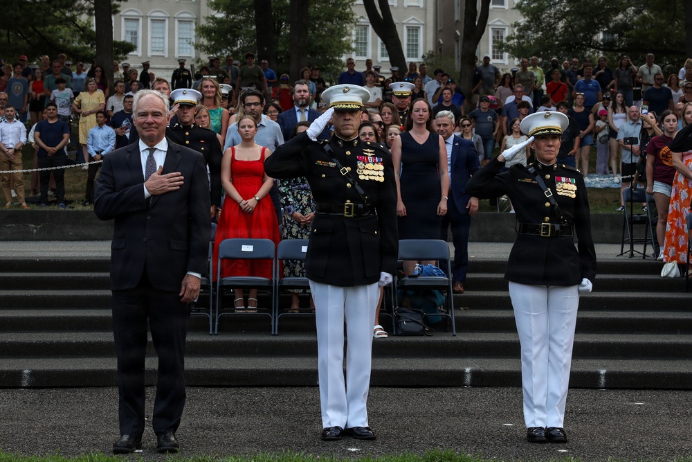 Brig. Gen. Shannon M. Brown hosts the Honorable Tim Kaine at Marine Barracks Washington's Sunset Parade