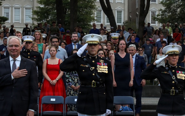 Brig. Gen. Shannon M. Brown hosts the Honorable Tim Kaine at Marine Barracks Washington's Sunset Parade