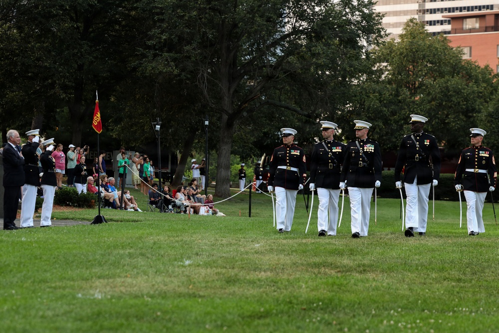 Brig. Gen. Shannon M. Brown hosts the Honorable Tim Kaine at Marine Barracks Washington's Sunset Parade
