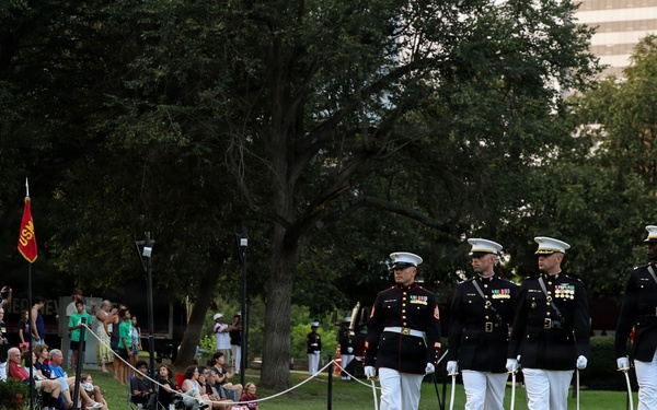 Brig. Gen. Shannon M. Brown hosts the Honorable Tim Kaine at Marine Barracks Washington's Sunset Parade