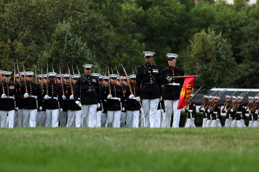 Brig. Gen. Shannon M. Brown hosts the Honorable Tim Kaine at Marine Barracks Washington's Sunset Parade