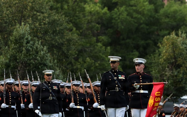 Brig. Gen. Shannon M. Brown hosts the Honorable Tim Kaine at Marine Barracks Washington's Sunset Parade