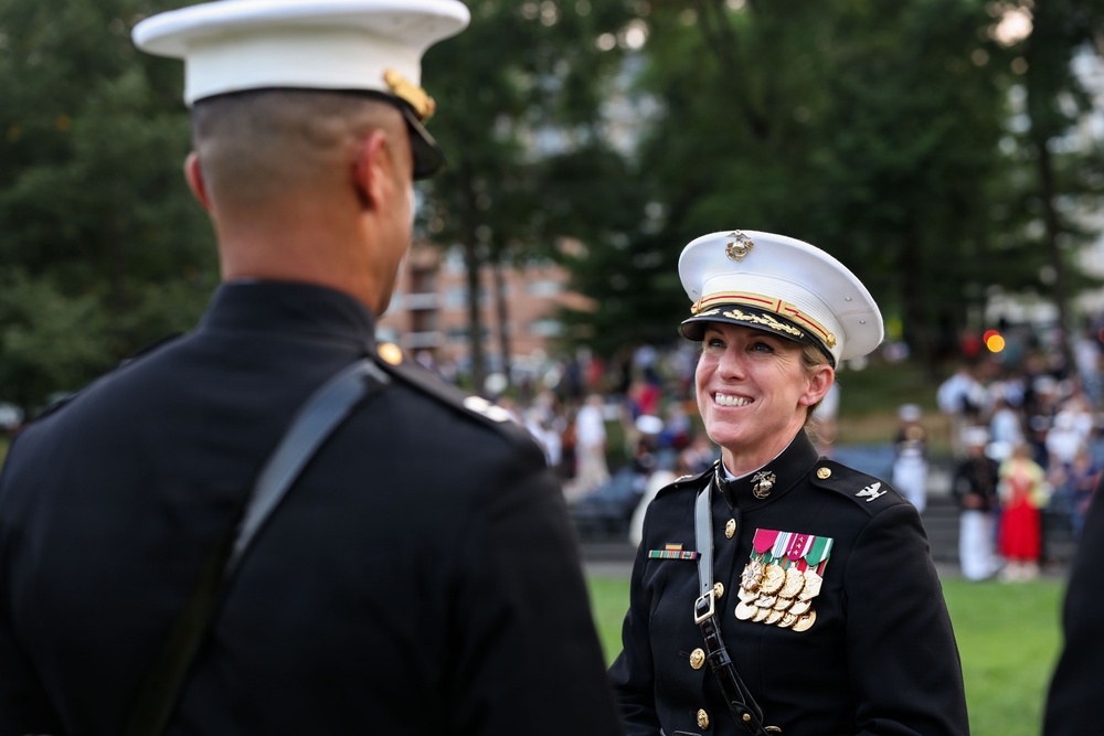Brig. Gen. Shannon M. Brown hosts the Honorable Tim Kaine at Marine Barracks Washington's Sunset Parade