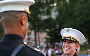 Brig. Gen. Shannon M. Brown hosts the Honorable Tim Kaine at Marine Barracks Washington's Sunset Parade