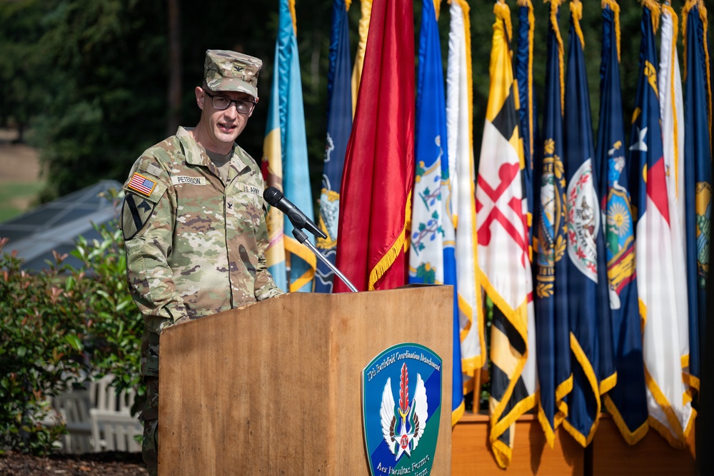 Col. Fausnaugh passes guidon to Col. Peterson at 19th BCD Change of Command