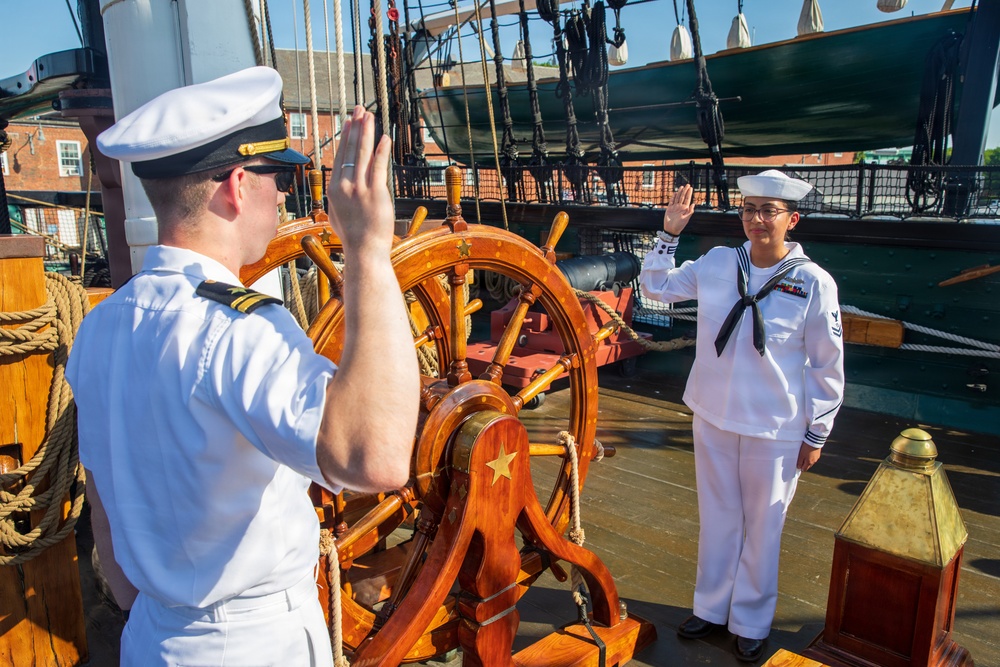 USS Arlington (LPD 24) Sailors reenlist on USS Constitution