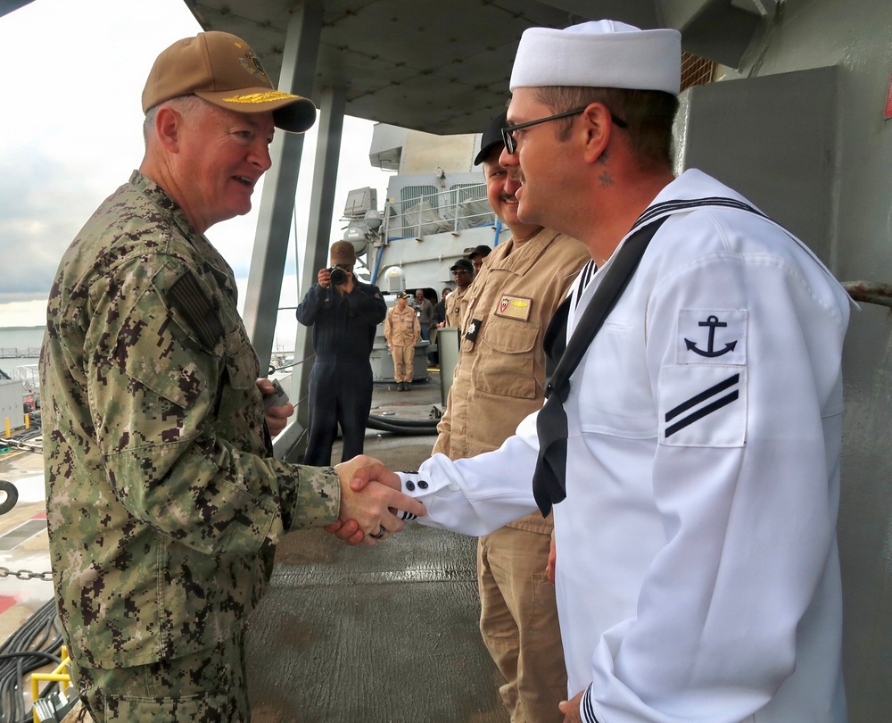 Rear Adm. T.J. Zerr speaks to Waterfront Leadership aboard USS Stout (DDG 55)