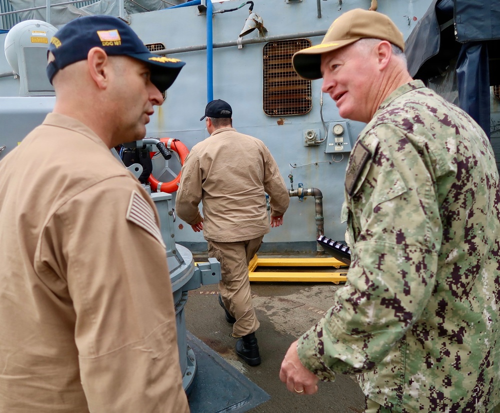 Rear Adm. T.J. Zerr speaks to Waterfront Leadership aboard USS Stout (DDG 55)