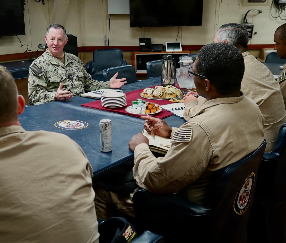 Rear Adm. T.J. Zerr speaks to Waterfront Leadership aboard USS Stout (DDG 55)