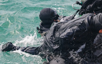 Mine countermeasure EOD divers, and unmanned underwater vehicles are deployed during Sea Breeze 26-2