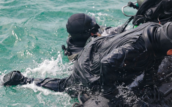 Mine countermeasure EOD divers, and unmanned underwater vehicles are deployed during Sea Breeze 26-2