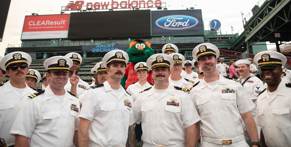 Navy Sailors Pose With Fenway Park Mascot During Sail250 Boston