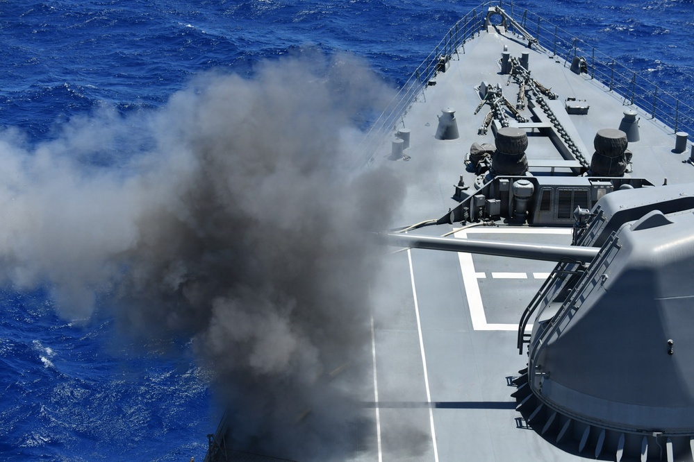 Japan Maritime Self-Defense Force conducts a 127 mm main gun live-fire exercise during RIMPAC 26