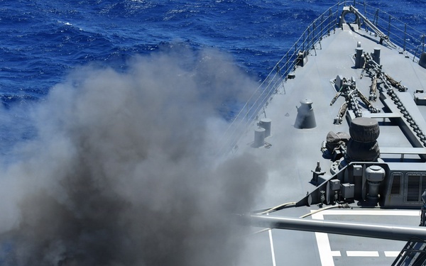 Japan Maritime Self-Defense Force conducts a 127 mm main gun live-fire exercise during RIMPAC 26