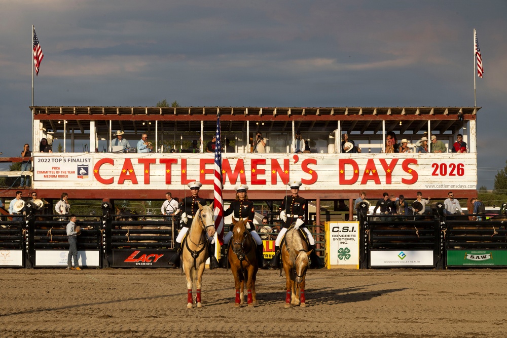 The Marine Corps Mounted Color Guard presents the colors during Gunnison Cattlemen’s Days