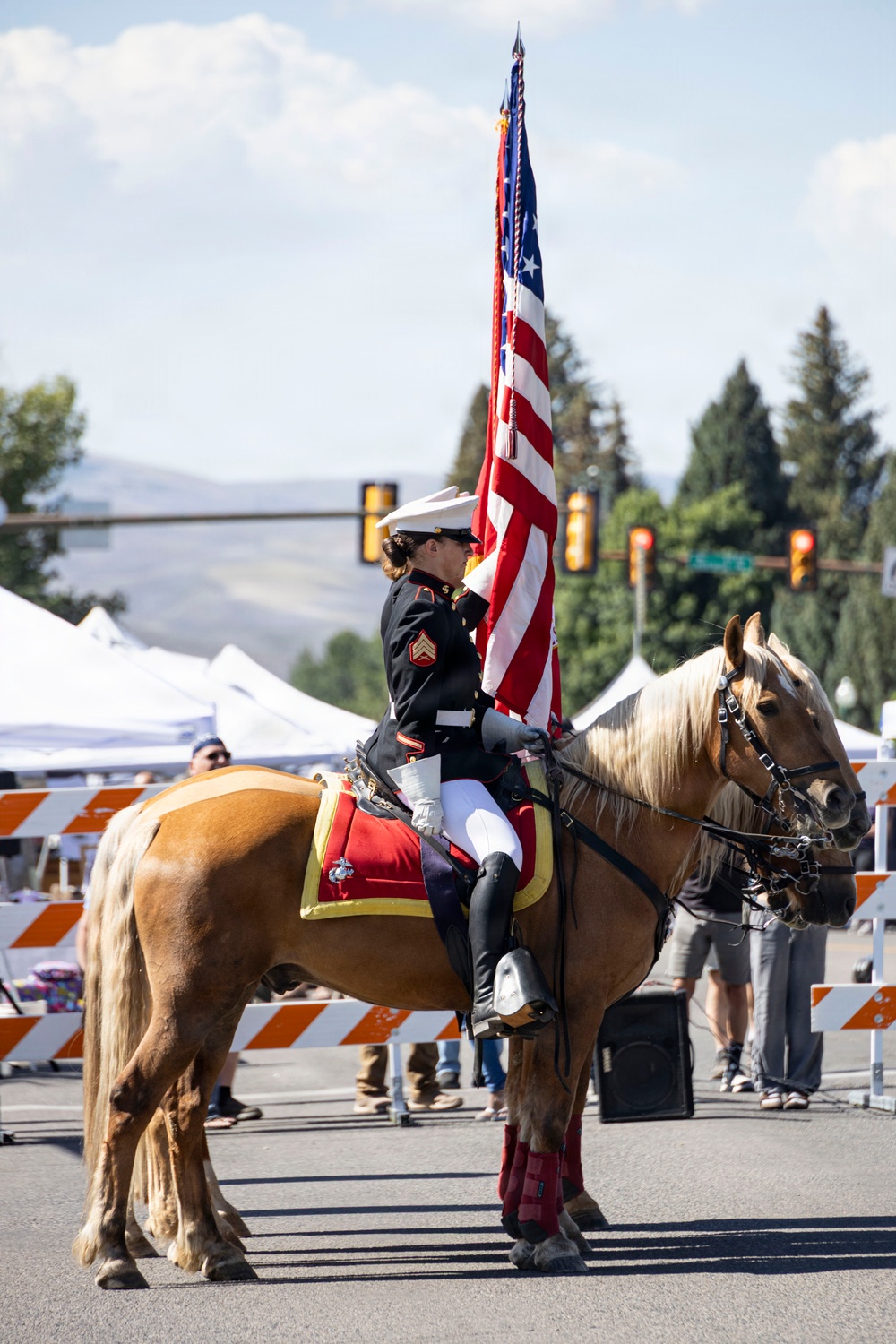 The Marine Corps Mounted Color Guard presents the colors during Gunnison Cattlemen’s Days