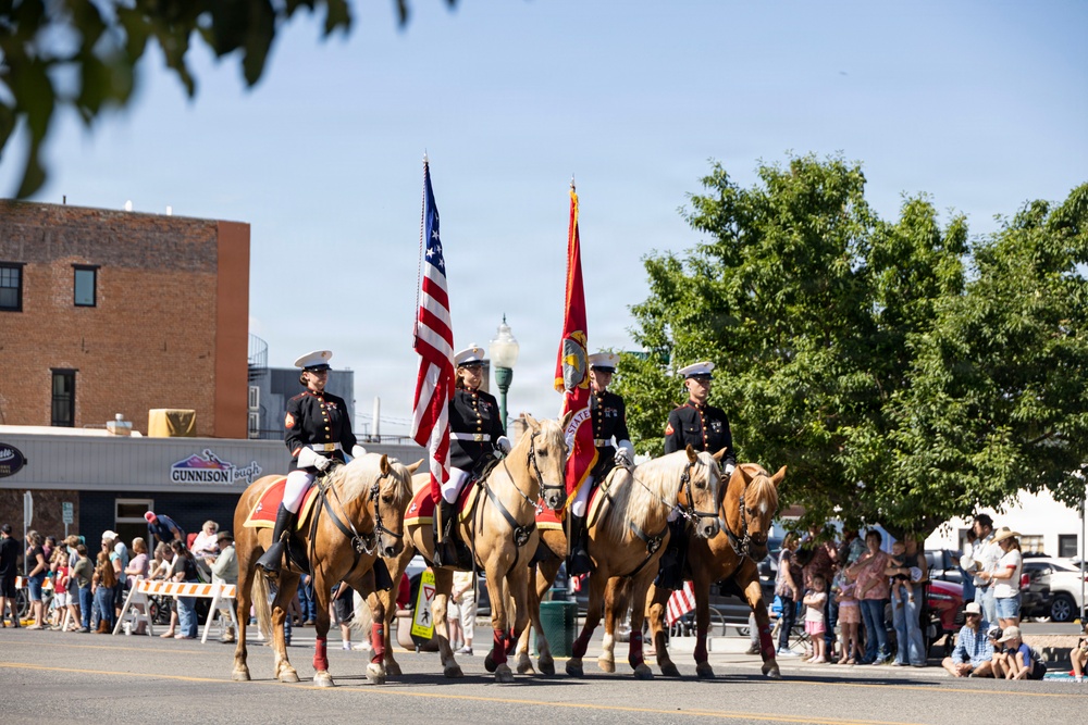 The Marine Corps Mounted Color Guard presents the colors during Gunnison Cattlemen’s Days