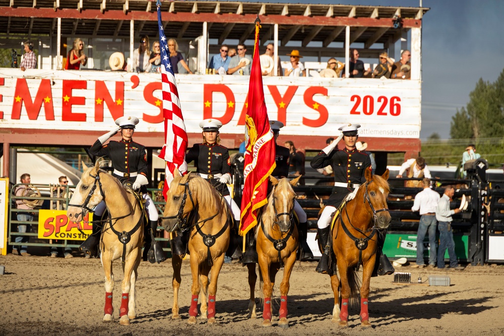 The Marine Corps Mounted Color Guard presents the colors during Gunnison Cattlemen’s Days