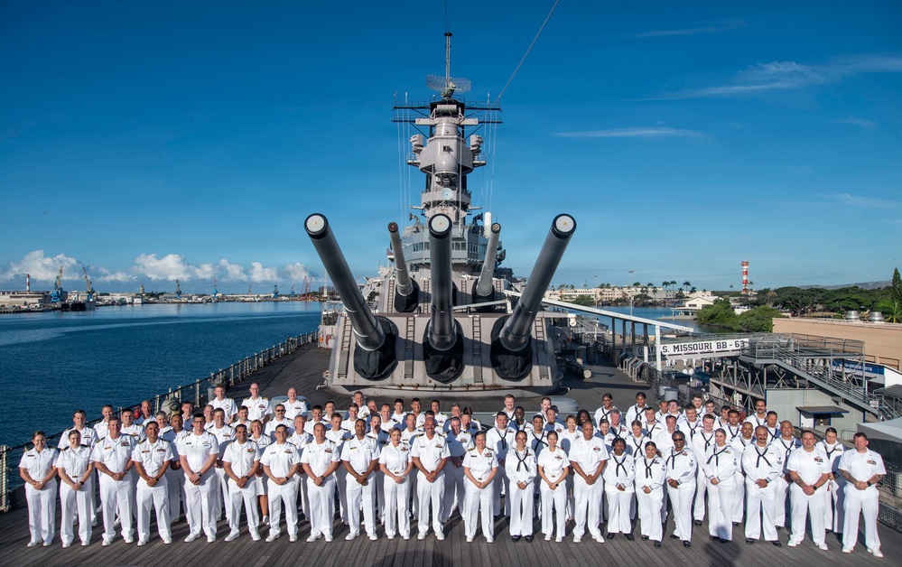 U.S. Navy Rear Adm. Suzanne M. Bailey, Reserve Sailors pose for a group photo aboard the Battleship Missouri Memorial during RIMPAC 2026