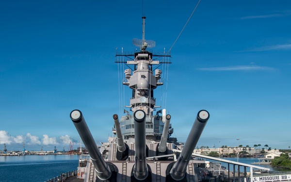U.S. Navy Rear Adm. Suzanne M. Bailey, and Reserve Sailors pose for a group photo aboard the Battleship Missouri Memorial during RIMPAC 2026