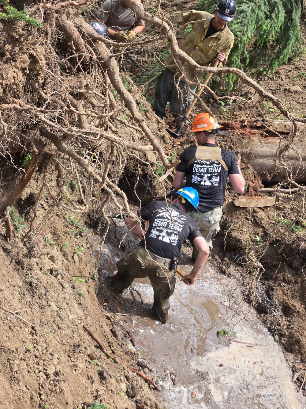 A crew of workers wearing hard hats and matching black 'Demo Team' shirts are engaged in trail or drainage restoration work on a steep, muddy hillside. The scene shows significant ground disturbance with exposed tree roots, mud, and flowing water. At least four workers are visible, using hand tools such as shovels and working in and around a water-filled trench or channel.