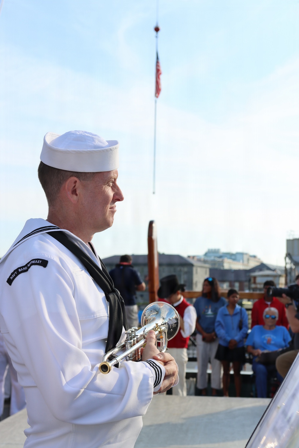 Navy Band Northeast’s Trident Brass Quintet performed aboard USS Constitution while underway during Sail Boston