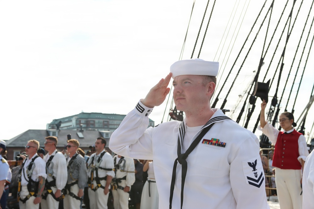 Navy Band Northeast’s Trident Brass Quintet performed aboard USS Constitution while underway during Sail Boston