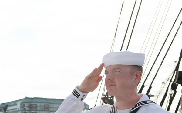 Navy Band Northeast’s Trident Brass Quintet performed aboard USS Constitution while underway during Sail Boston