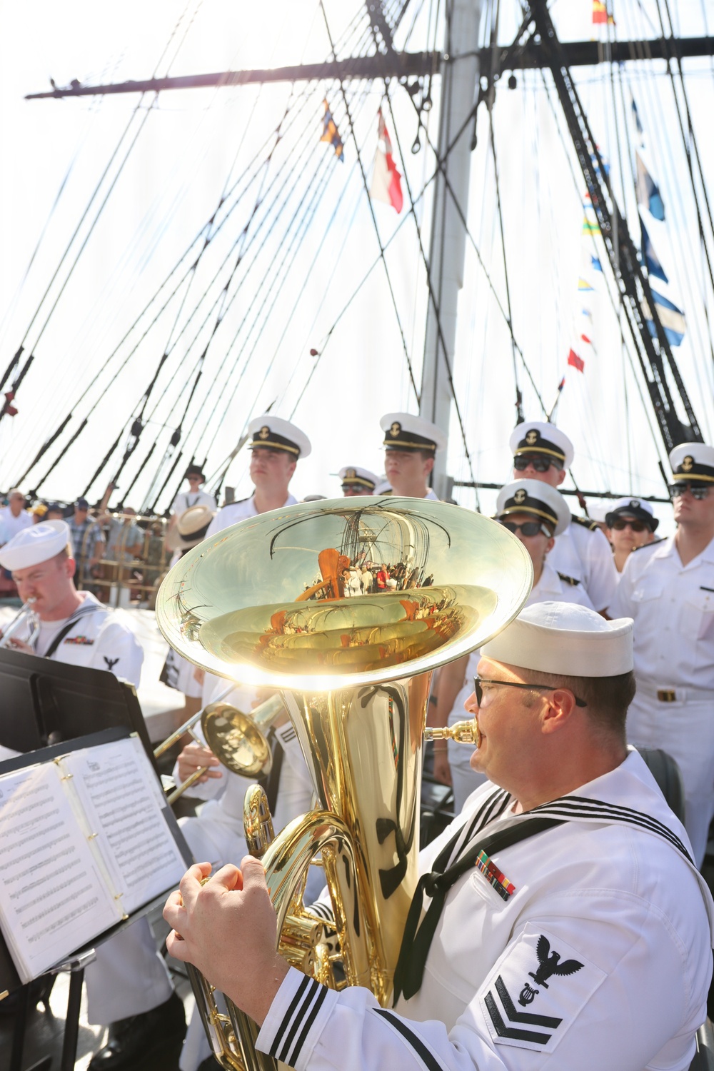 Navy Band Northeast’s Trident Brass Quintet performed aboard USS Constitution while underway during Sail Boston