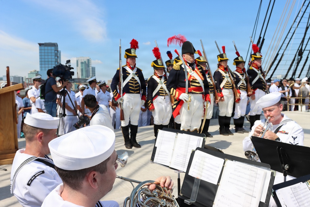 Navy Band Northeast’s Trident Brass Quintet performed aboard USS Constitution while underway during Sail Boston
