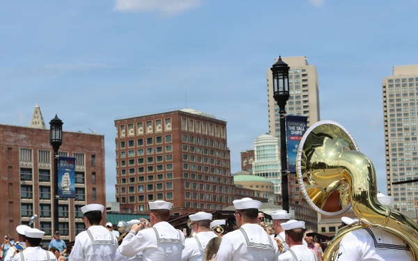 Navy Band Northeast proudly marched through downtown Boston during the Crew and Cadet Parade as part of Sail Boston.