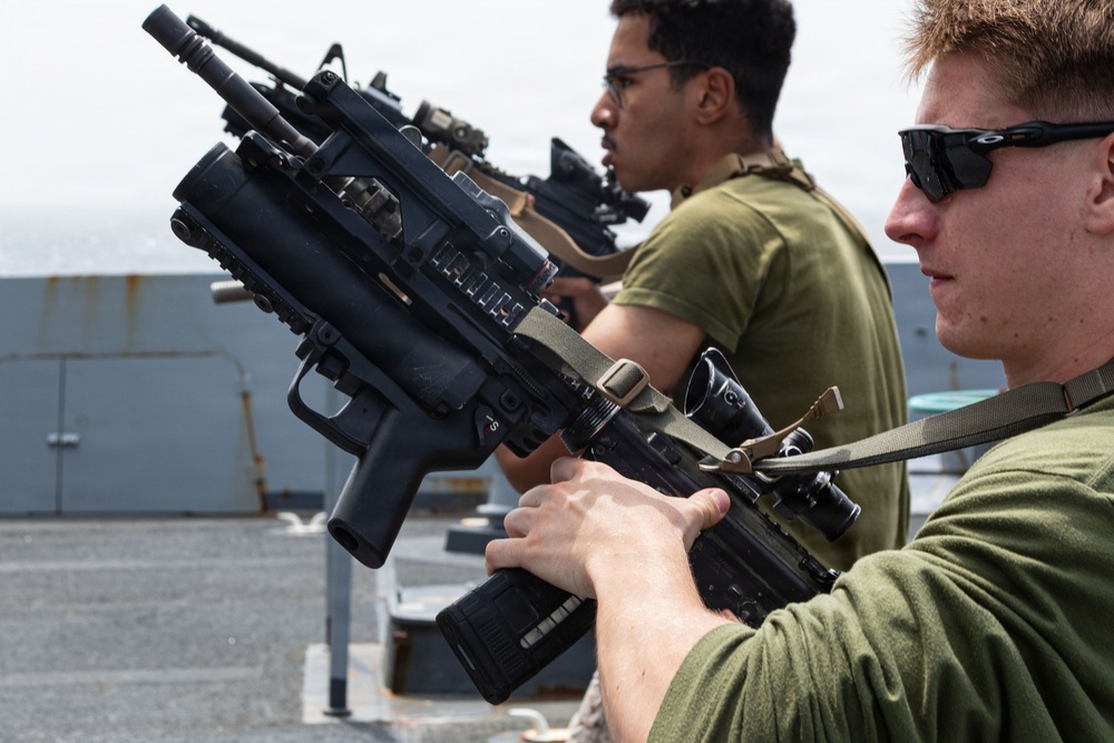 U.S. Marines conduct marksmanship training aboard USS Portland