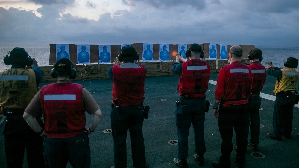 USS Tripoli Conducts Early Morning Gun Shoot