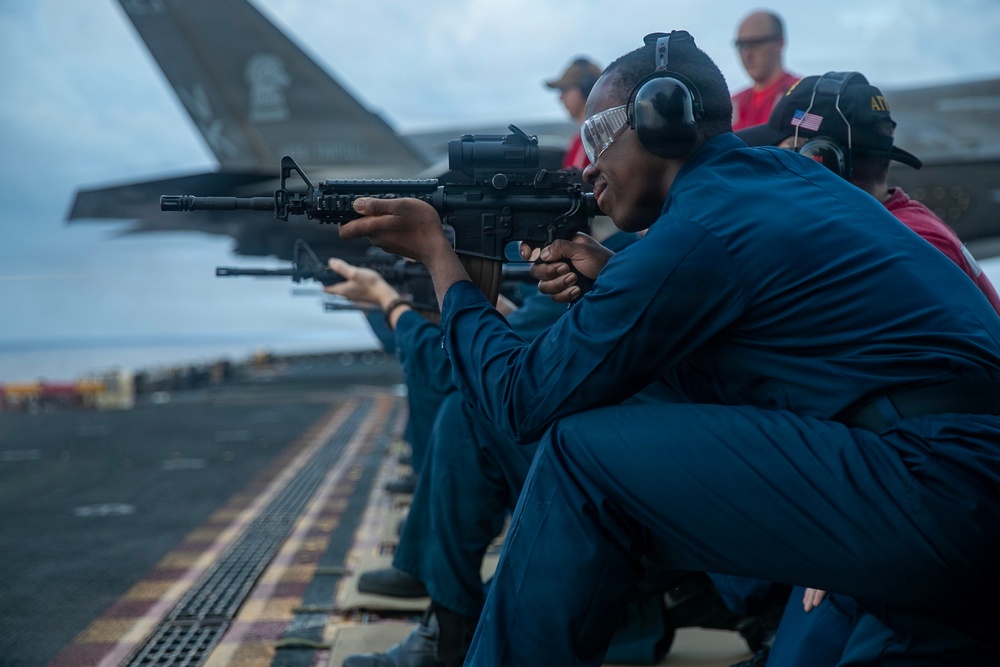 USS Tripoli Conducts Early Morning Gun Shoot